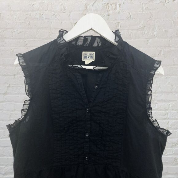 Converse One Star Top Size L Black Button Front Ruffle Sleeveless Cotton Blouse - Picture 12 of 16